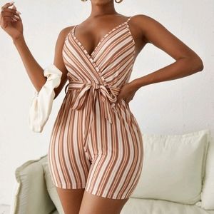 Striped print belted cami romper